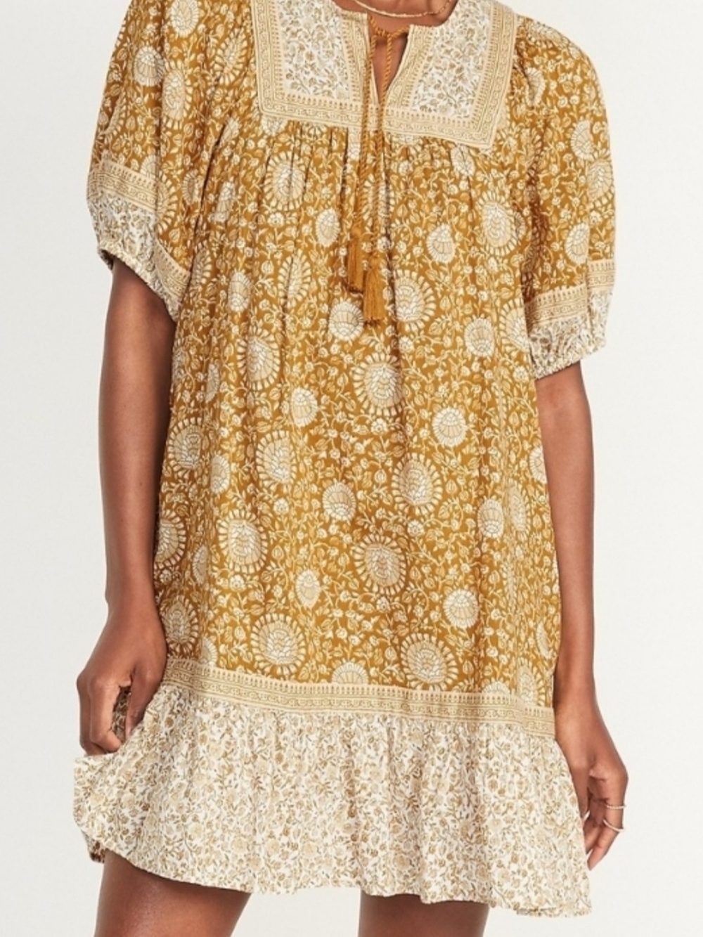 Old Navy Boho-Style Puffer Sleeves Yellow Floral Swing Dress L